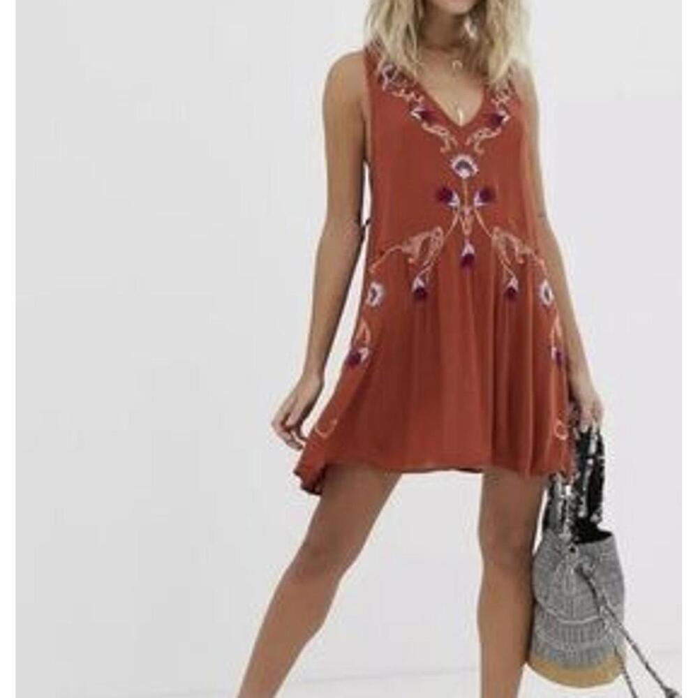 Free People Rust Orange Embroidered Mini Dress